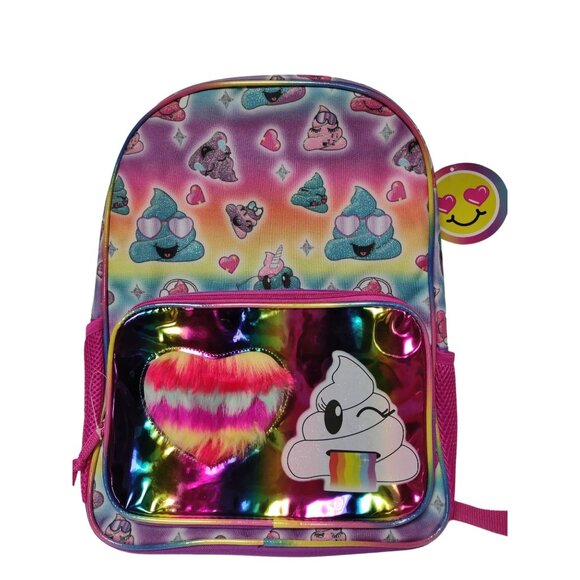 Rainbow Poop Emoji Backpack With Furry Heart Pocket For Kids - Picture 1 of 10
